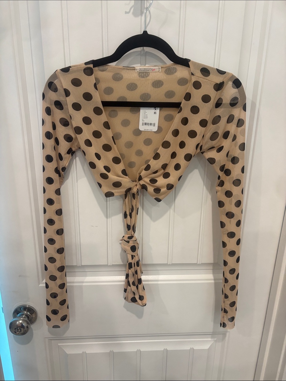 Free People Beige Polka Dot Tie-Front Crop Top